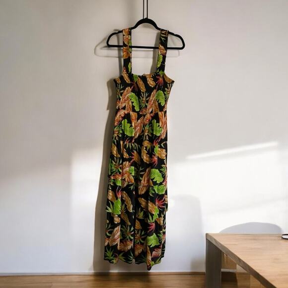Kings Road Womens Tiered Tropical Midi Dress Smocking Bodice Empire Waist Size L - Picture 1 of 6